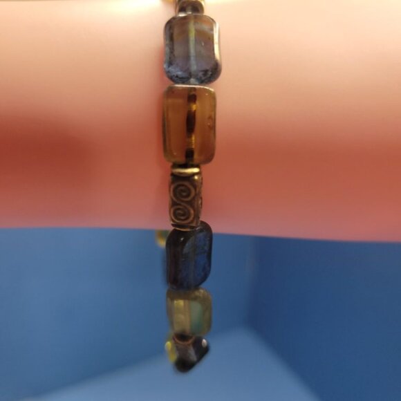 NWT Mens Olivine Picasso Premium Czech Glass Table Cut Bead Stretch Bracelet USA - Picture 4 of 11